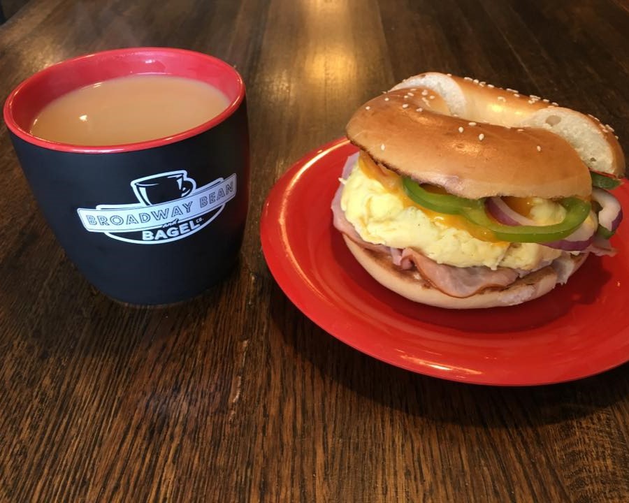Broadway Bean and Bagel Sandwich and coffee